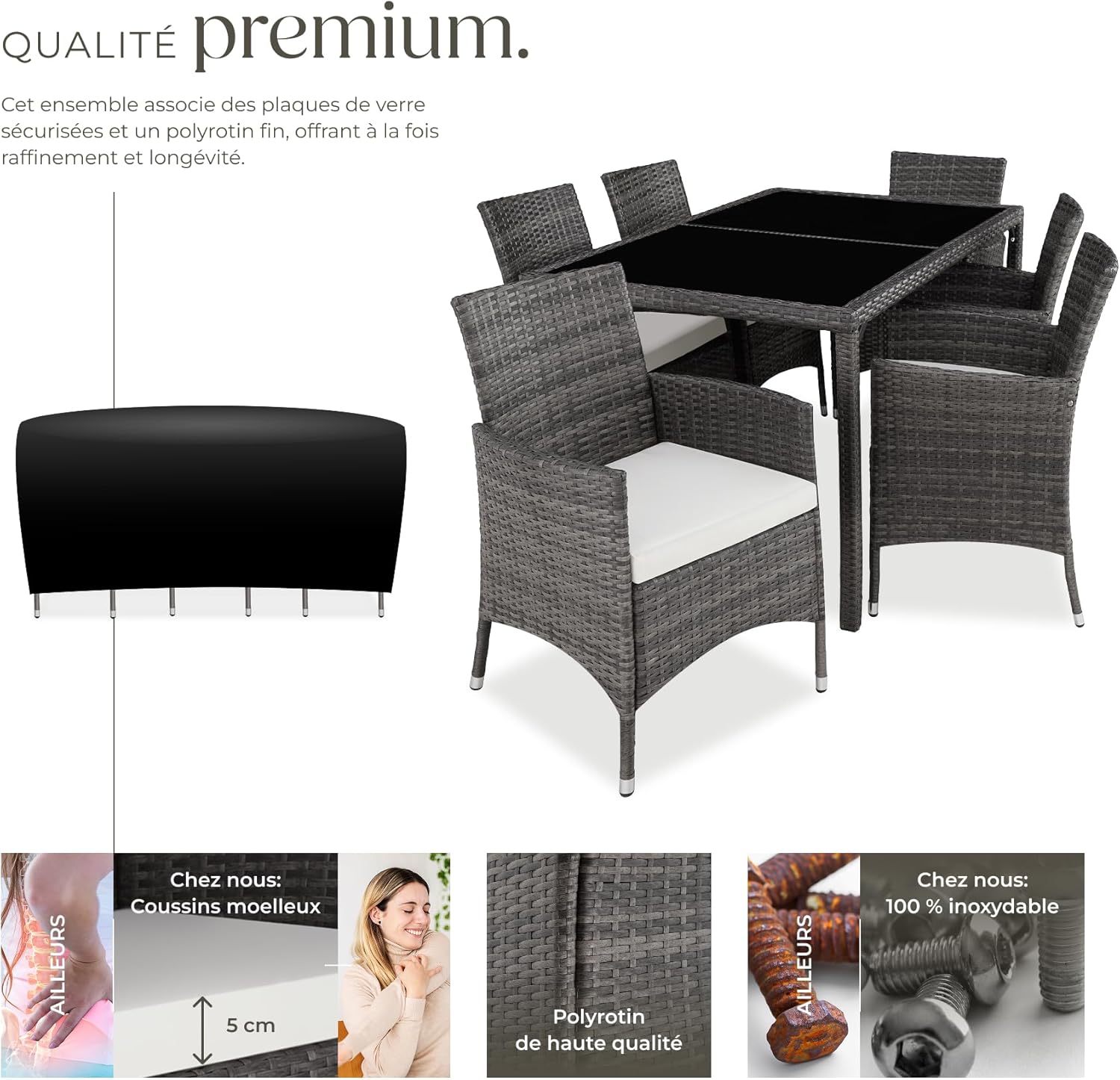 tectake - Salon de jardin poly rotin, 6 chaises, table, résistant UV, gris/blanc