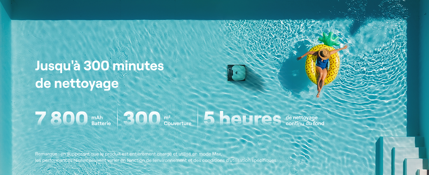 Le texte indique « Jusqu'à 300 minutes de nettoyage », « 7 800 », « 300 », « 5 heures ». Piscine avec parasol jaune et personne nageant ; publicité du produit affichant les spécifications relatives à la durée du nettoyage.