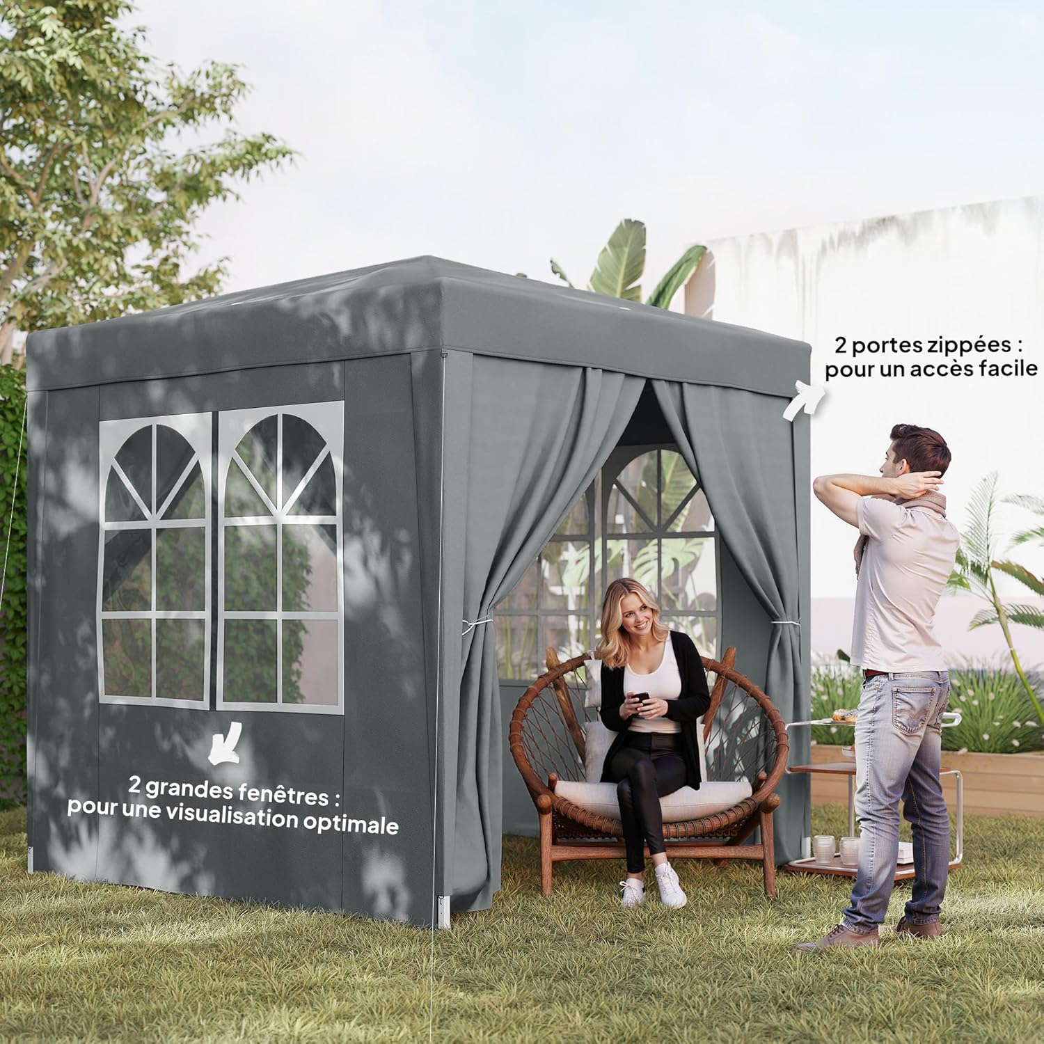 Outsunny Tonnelle de Jardin extérieure 2 x 2 m, tonnelle Pliante Pop-up, réglable en Hauteur, Protection UV, Cadre en Acier, 4 côtés Amovibles, pour Camping, Festival, Plage, Sac de Transport, Gris