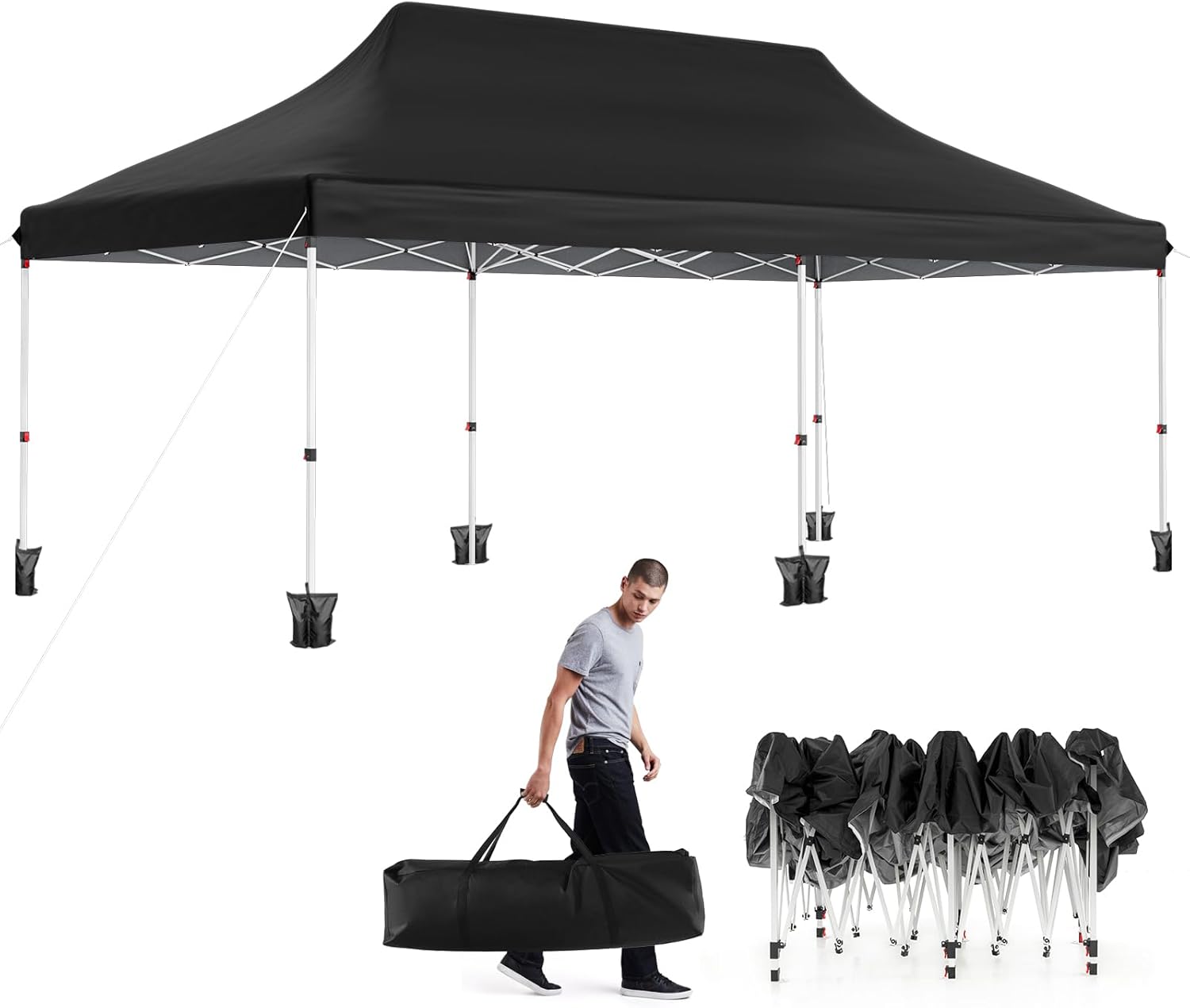 GOPLUS Tonnelle Pliante 3x6m Imperméable, Tonnelle Barnum Pliante 3x6 de Jardin Exterieur, Sac de Transport, Sac Lesté, Pavillon de Jardin Pop-Up pour Fête, Mariage (Noir|sans Bâche)