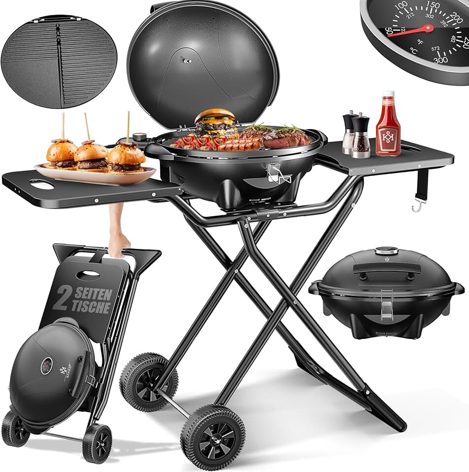 KESSER - Gril électrique pliable, 2400W, couvercle, thermomètre, table