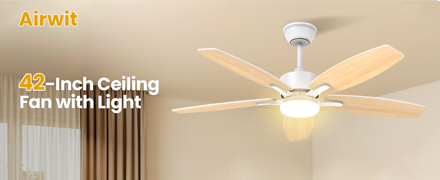 Le texte indique « Ventilateur de plafond de 42 pouces avec éclairage ». Salle intérieure montrant un ventilateur de plafond blanc installé avec luminaire dans un espace de vie moderne.