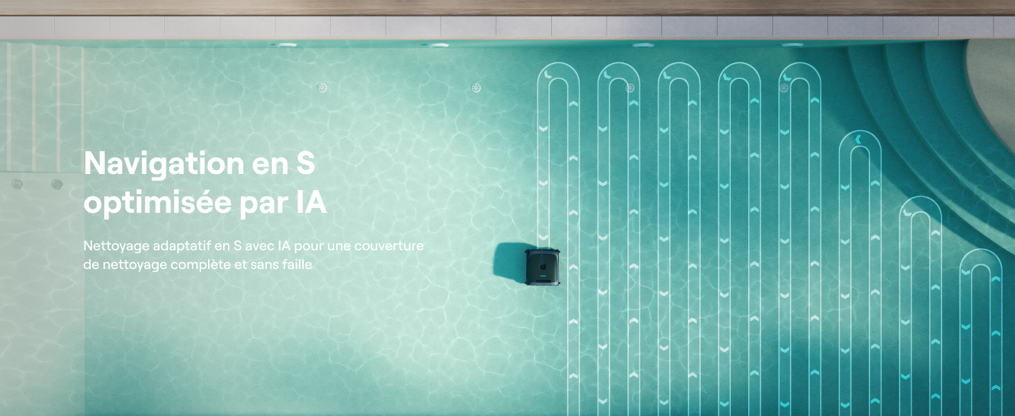 Le texte se lit comme suit : « Navigation en S optimisée par l'IA ». Contexte technologique bleu sarcelle avec des éléments d'interface numérique et des lignes connectées représentant un système de navigation IA.