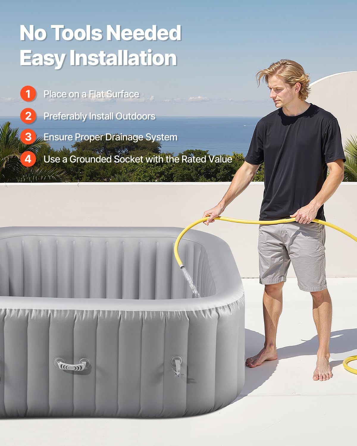 VEVOR Spa Gonflable Carré Capacité 4-6 Personnes, Bains à Remous d’Extérieur Portable 185x66 cm, avec 130 Jets Apaisants, Filtre, Couverture et Tapis, en PVC, Panneau de Commande Multifonction, Gris
