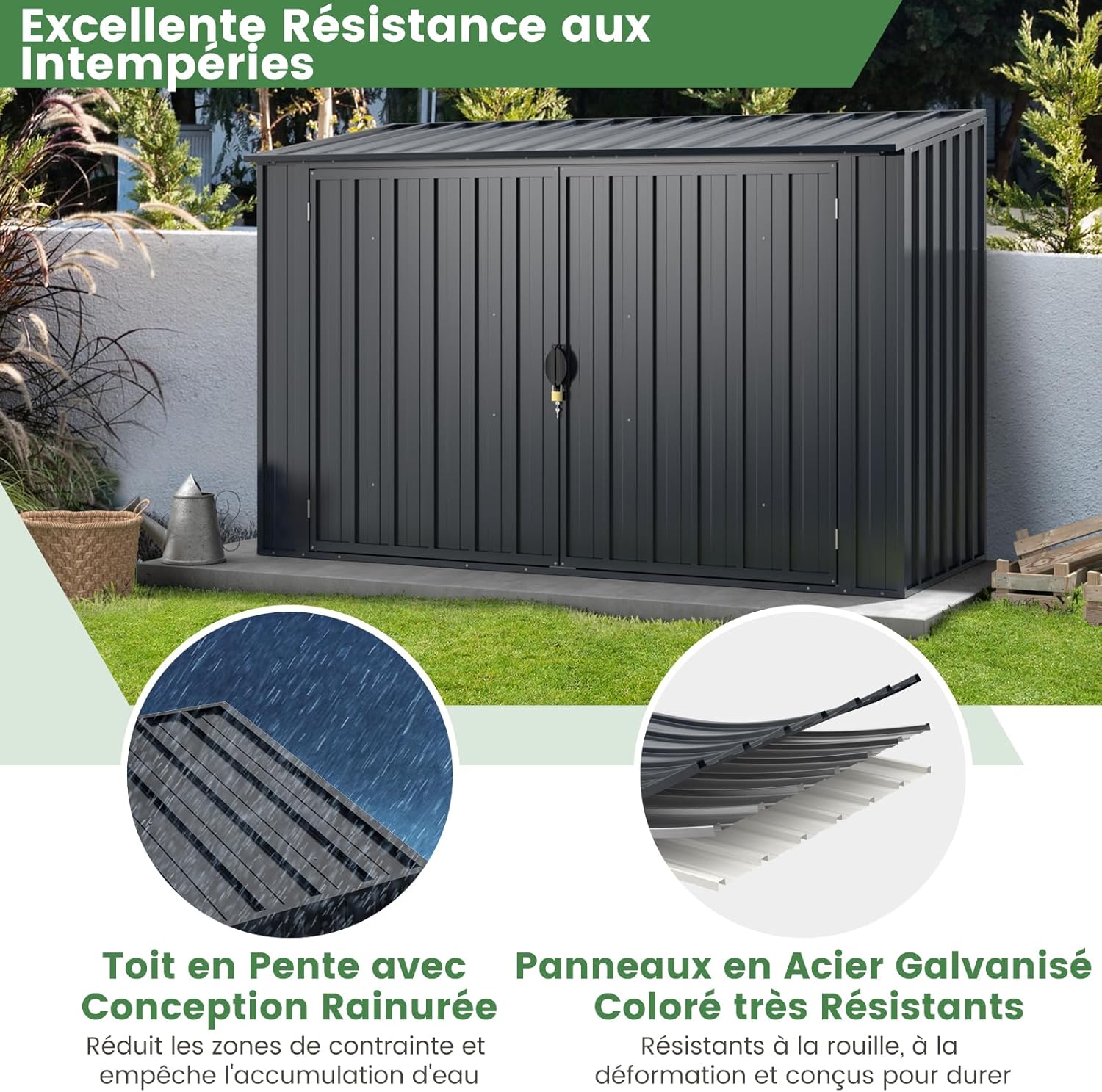 COSTWAY Abri de Jardin en Métal Galvanisé 1,9 M³, Cabane de Jardin Exterieur avec Double Porte Verrouillable, Couvercle Rabattable, Vérin à Gaz Hydraulique, Cache Poubelle pour Vélo, Outils