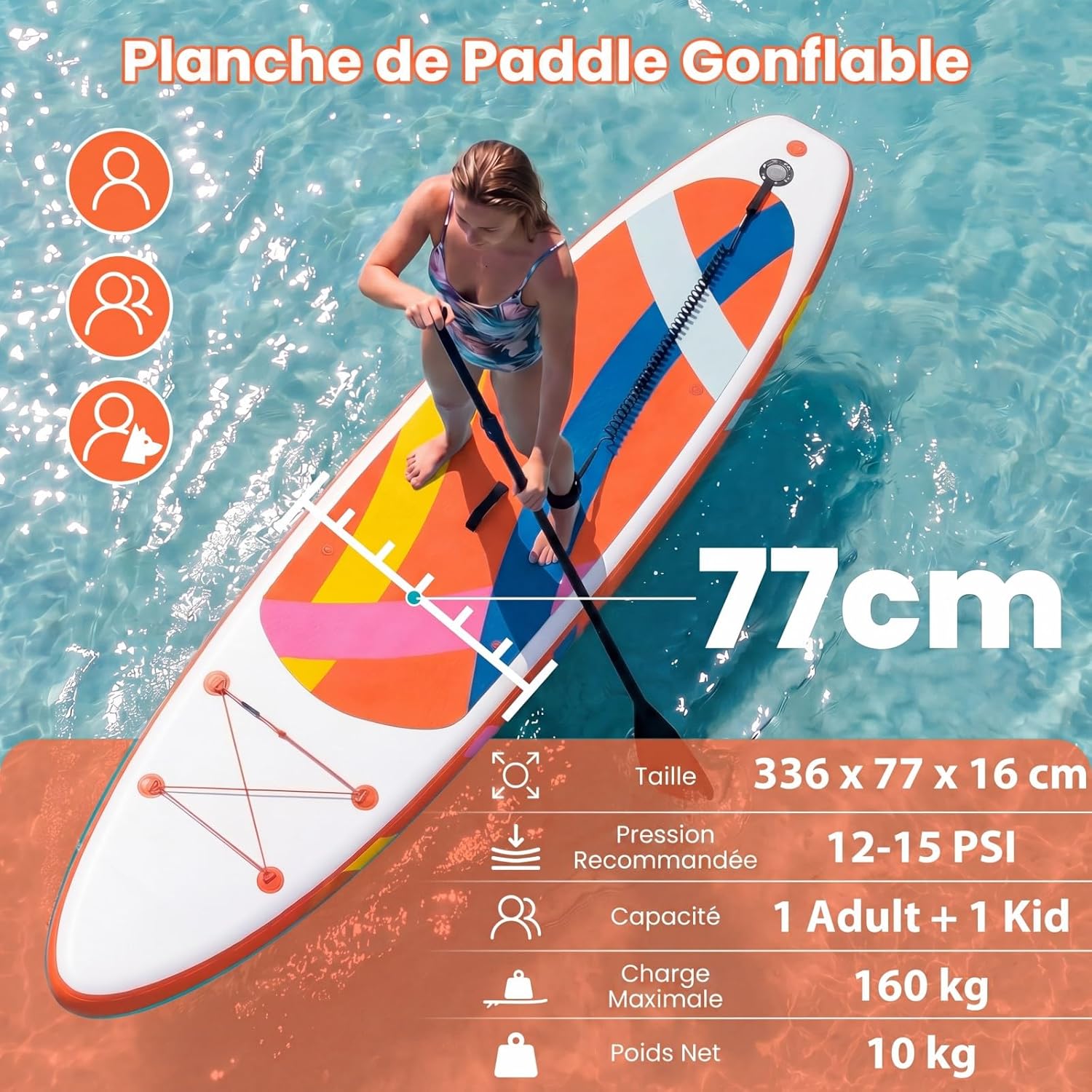 HOMASIS 336 x 77 x 16 cm Planche à Pagaie Gonflable, Planche de Surf avec Pagaie Réglable, Pompe à Main, 3 Ailerons, Anneaux en D & Laisse, Paddle Stand Up Léger pour Surf, Lacs, Mers