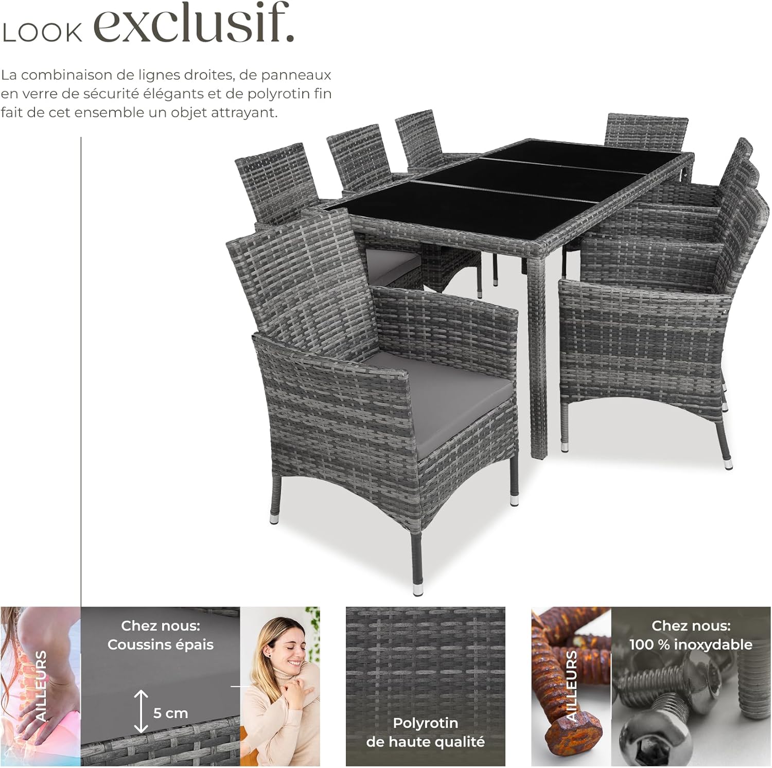 tectake - Salon de Jardin Poly Rotin 8 fauteuils, housse protection, dimensions généreuses, gris tacheté -