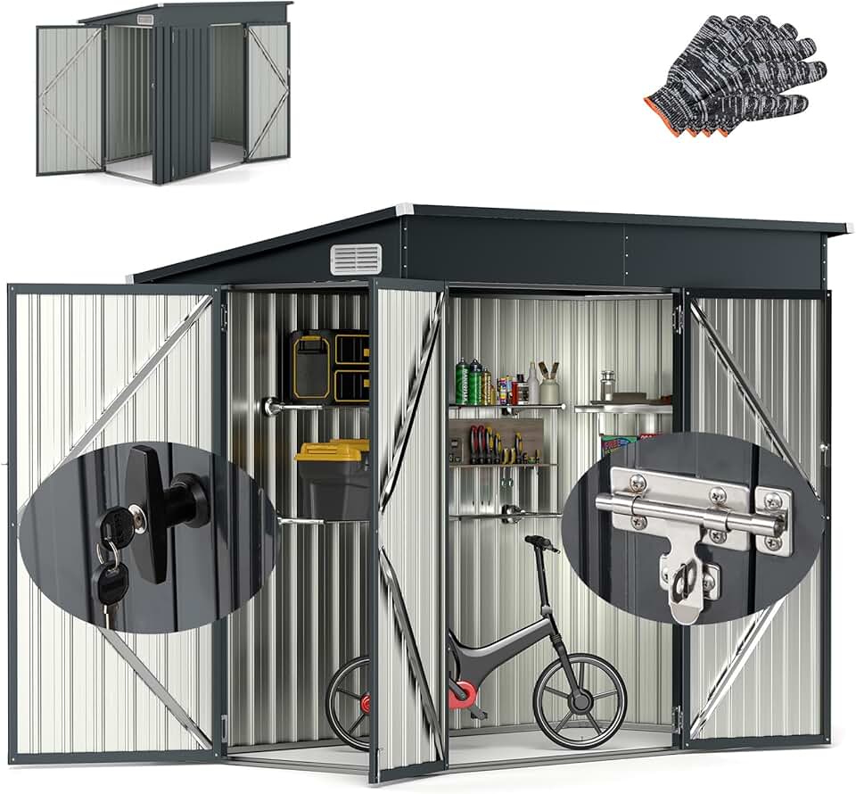 RELAX4LIFE Abri de Jardin Métal 235X117X185CM avec 2 Portes Verrouillable-Loquets Clés Inclus et Fenêtres, Cabane à Outils Cabanon Résistant aux intempéries pour Poubelles Extérieur (Gris, 5M³)