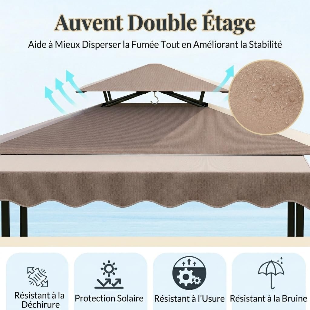 GOPLUS 4 Pcs Ensemble Salon de Bar, Abri Barbecue Jardin Exterieur avec Auvent Latéral, Table de Bar, 2 Tabourets Pliants, Crochet et 4 Rangées Porte-Verres (Café|Auvent|Chaises)
