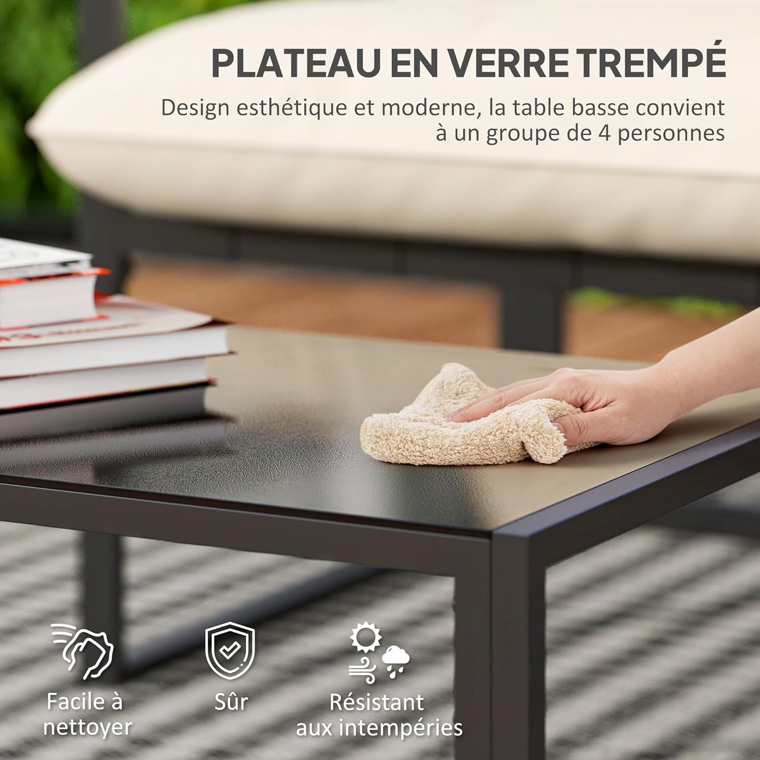 Outsunny - Salon de jardin 4p avec coussins 15cm - acier noir, canapé 2 places, table basse, fauteuils