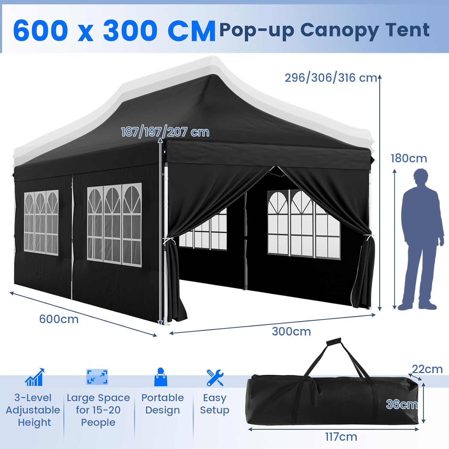 GOPLUS - Tonnelle pliante série jardin 3x6m, imperméable, sac transport, 6 bâches