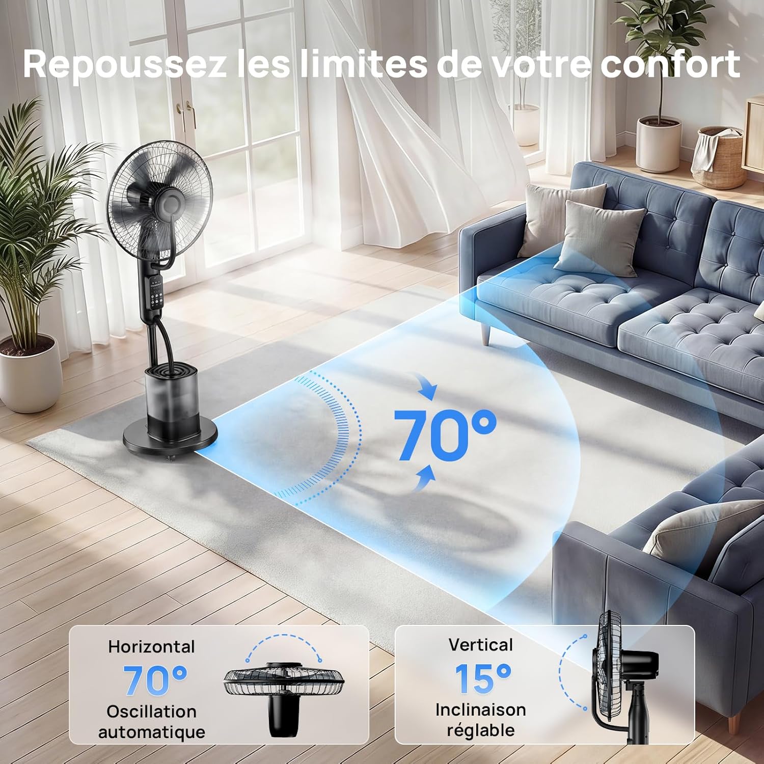 NebulaFlow - Ventilateur Brumisateur Amélioré - réservoir 4L, oscillant, 5 vitesses, minuterie, télécommande, 7,5h