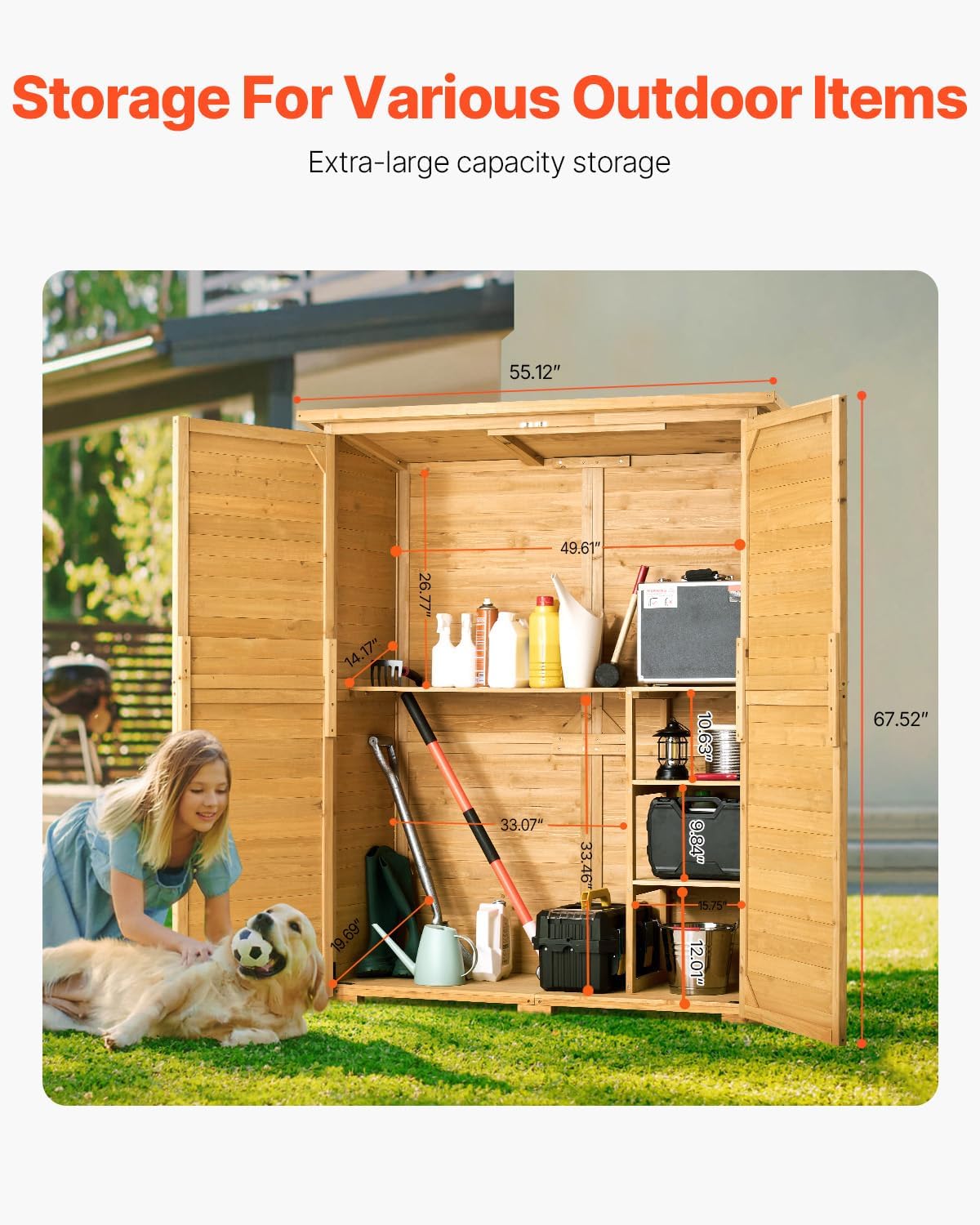 VEVOR - Abri de Jardin bois, 1400x600x1715 mm, toit étanche, cadre métal, portes doubles à serrure