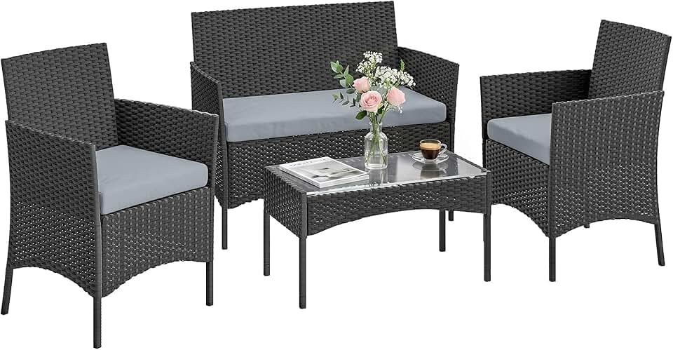 Outsunny - Salon de Jardin 4 pers - résine tressée, coussins, table verre, gris