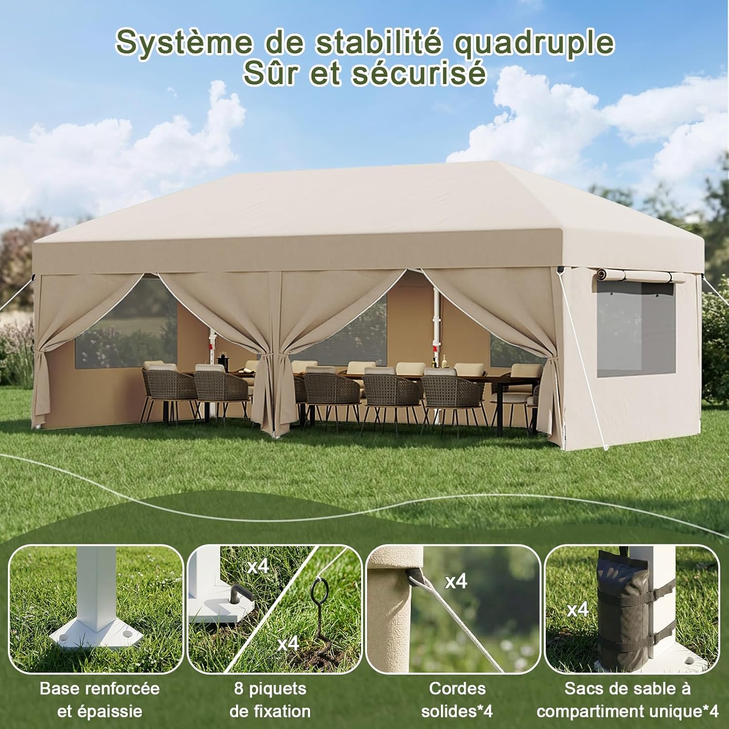 Devoko - Tonnelle pliante 3x6m - fenêtre moustiquaire, imperméable, UV50+