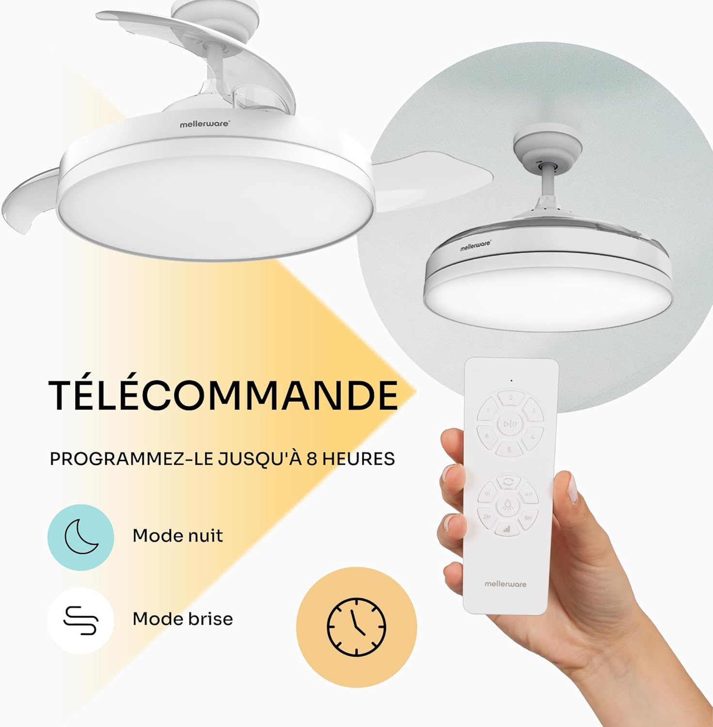 Mellerware - Brizy rétractable Ø106 cm - 40 W, 6 vitesses, LED, moteur DC