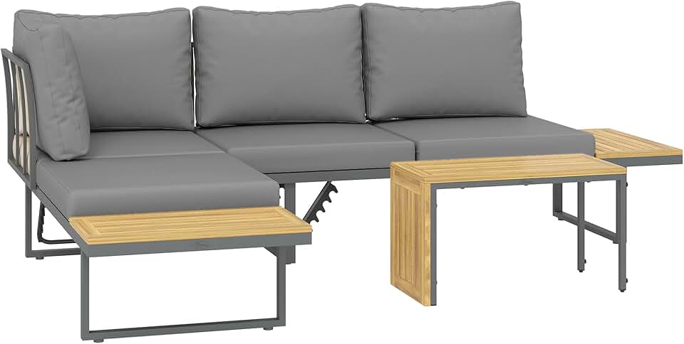 Outsunny - salon de jardin bois acacia 6 places modulable - coussins, dossier ajustable, gris