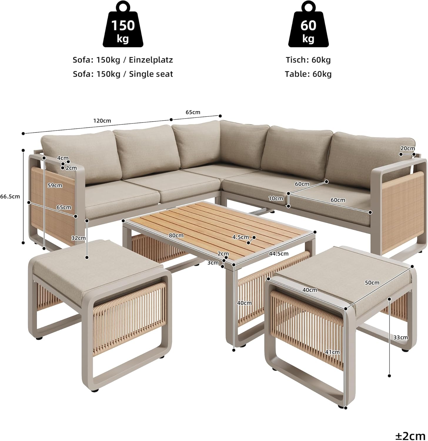 Sapgaks - salon de jardin corde tressée 6/7 pers - coussins moelleux - angle + 2 tabourets + table, pieds réglables - be