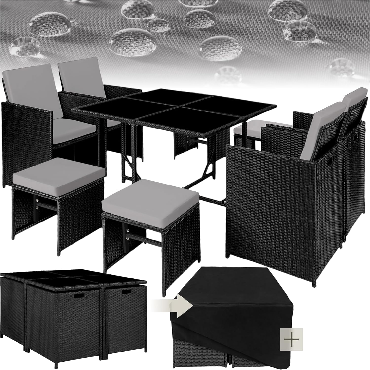tectake - Salon de jardin Poly Rotin - table, 4 chaises, housse - dimensions compactes - NOIR/GRIS