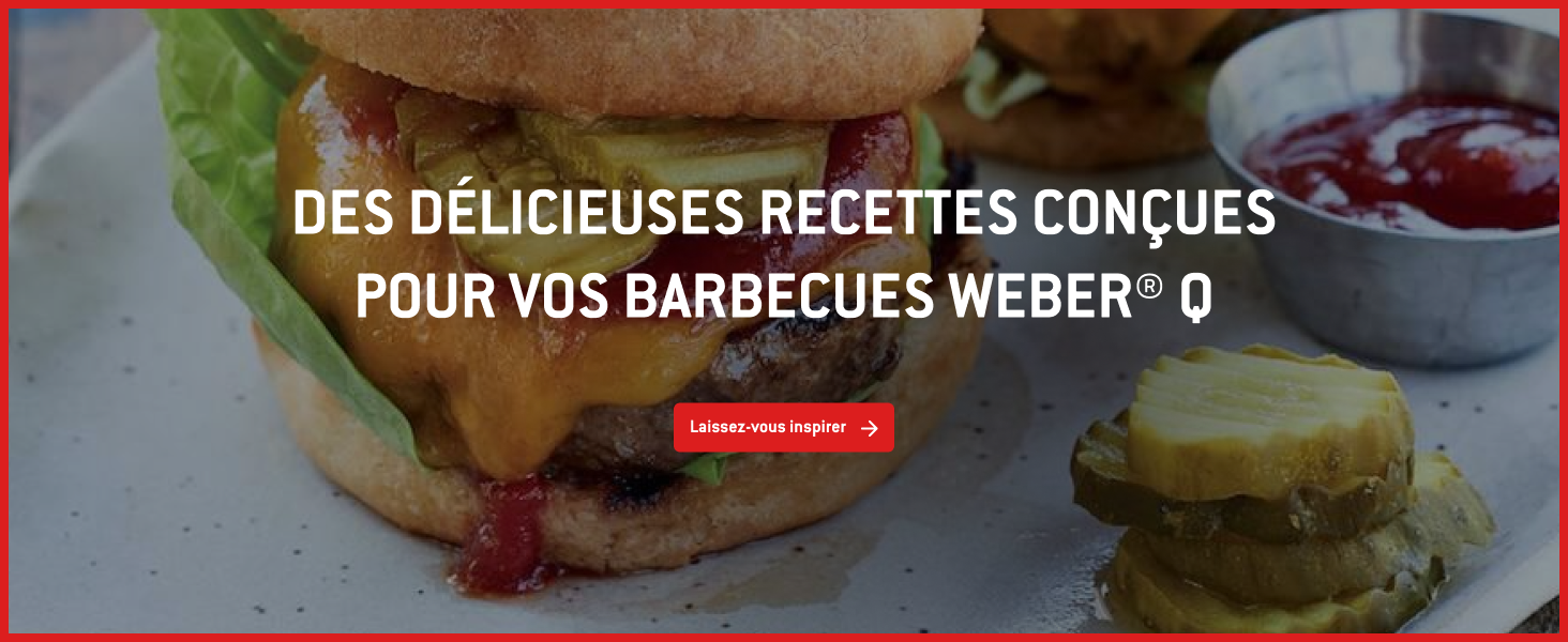 Le texte indique « DES DÉLICIEUSES RECETTES CONÇUES POUR VOS BARBECUES WEBER » avec des grillades en arrière-plan.