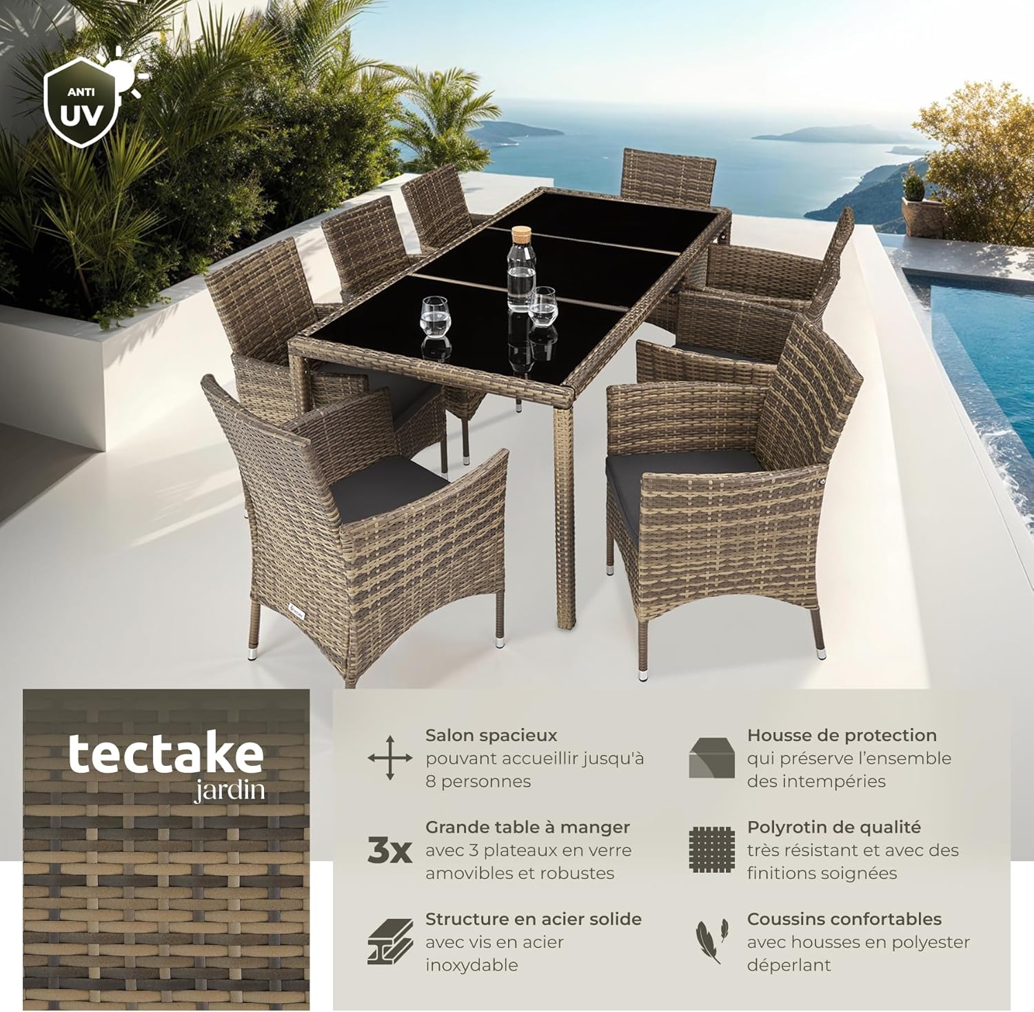 tectake - Salon de jardin rotin, 8 fauteuils, table, housse, confort, marron naturel/gris foncé