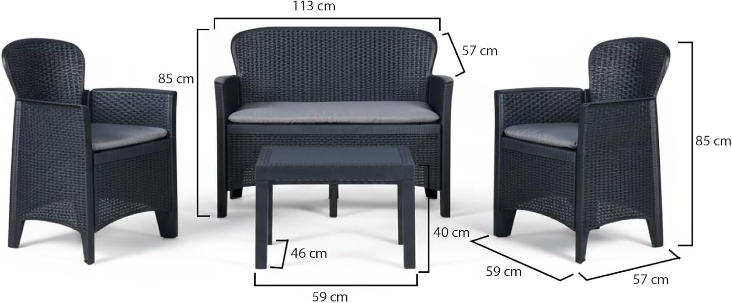 Dmora - Ostuni salon de jardin - 2 fauteuils, canapé, table basse, coussins, effet rotin, anthracite