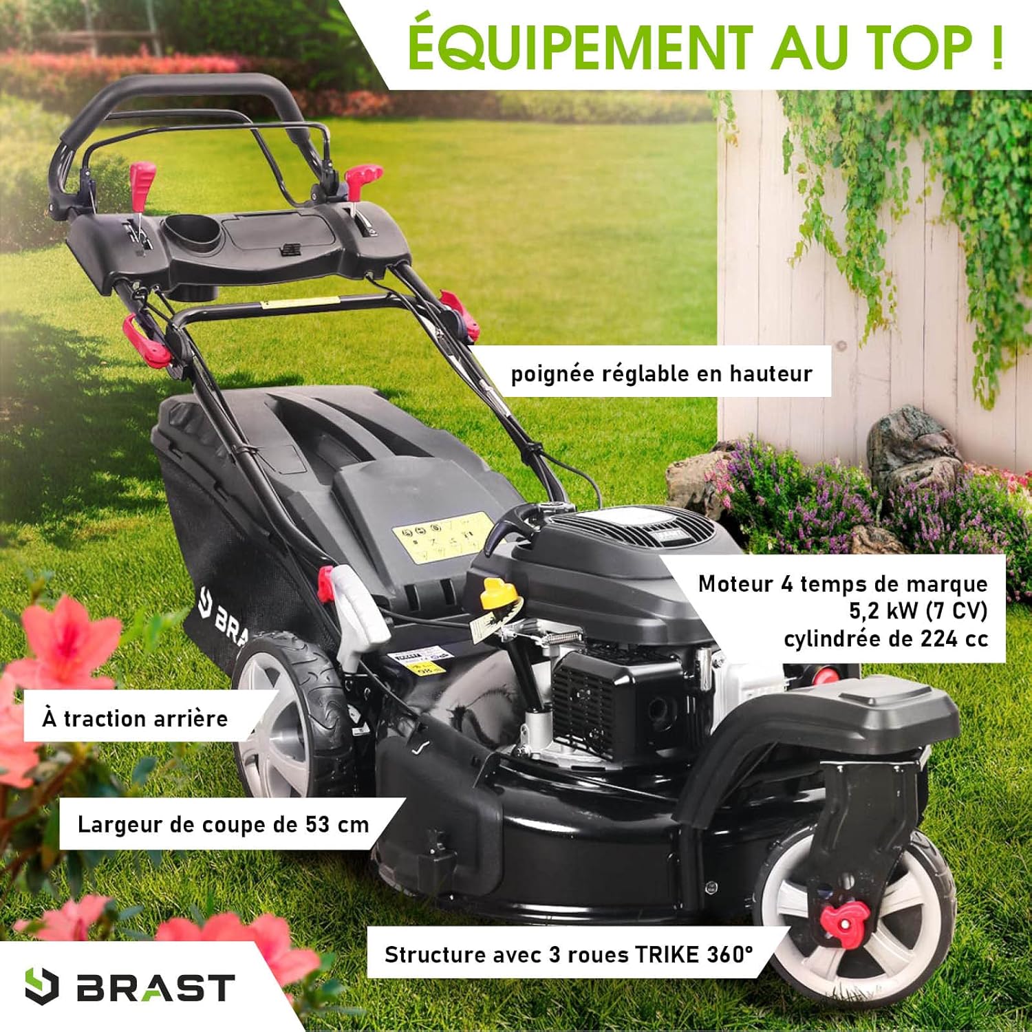 BRAST - tondeuse thermique 3 roues - 53cm, 224cc, 7cv, mulching, 4en1, capot acier, guidon réglable - TRIKE