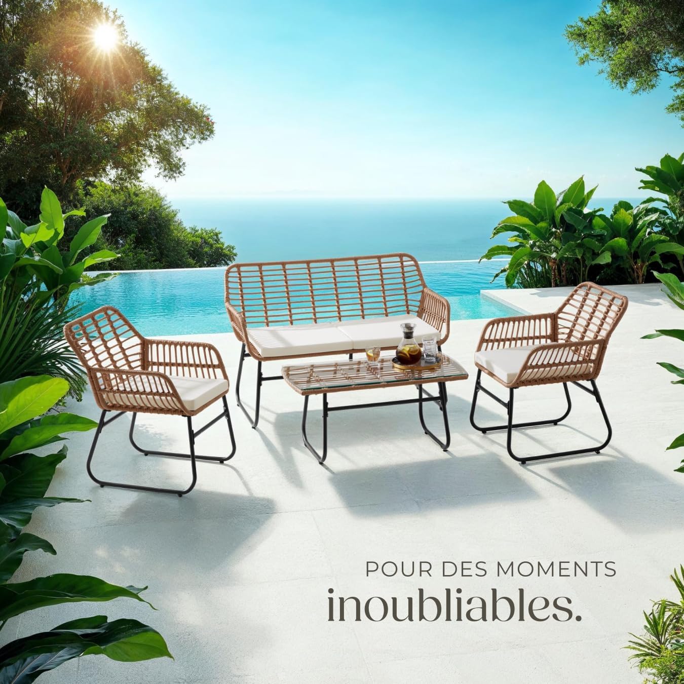 tectake - salon de jardin poly rotin 4 pcs, coussins, plateau verre 401206