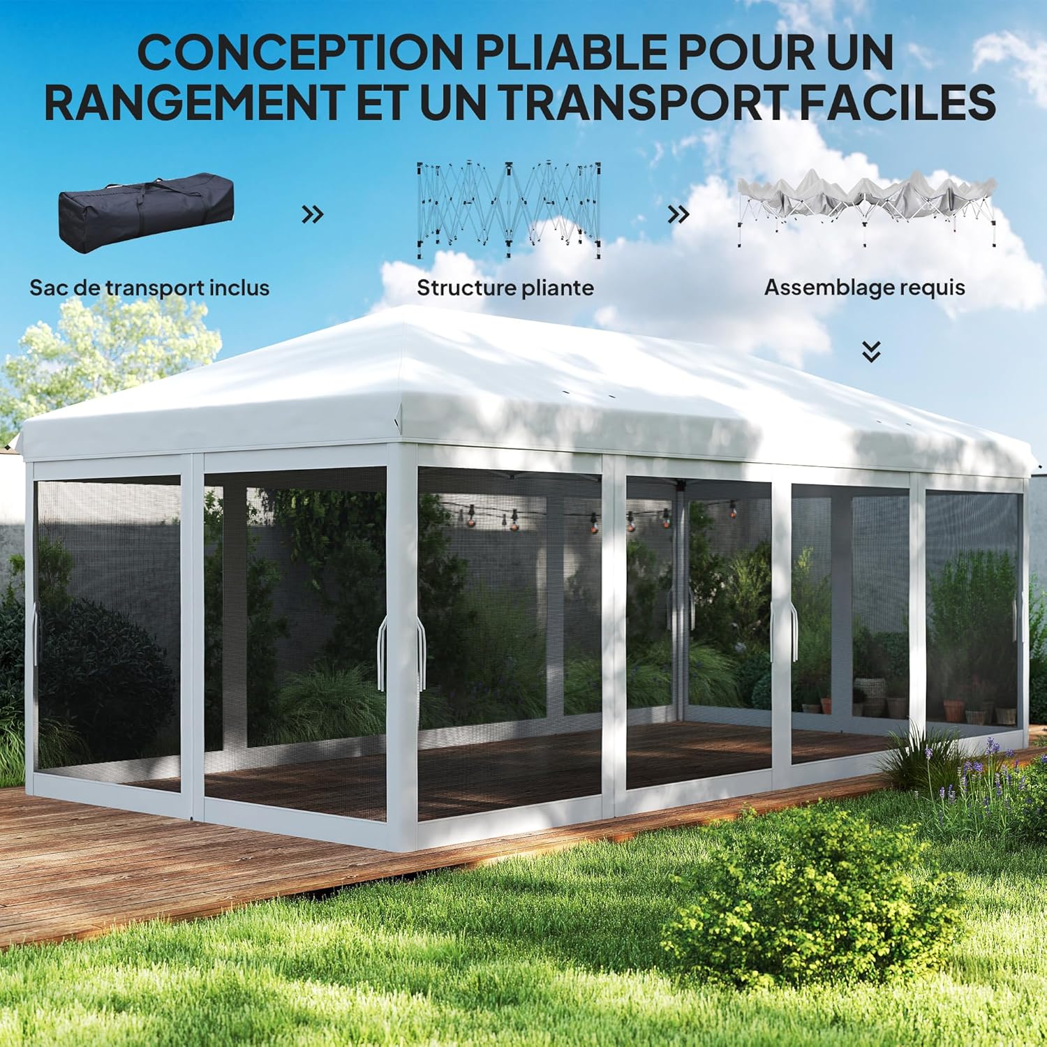 Outsunny Tonnelle Pliante tonnelle de Jardin extérieure Barnum Pliant Pop-up pavillon de terrasse 6 x 3 m Anti-UV moustiquaires Amovibles + Sac de Transport Blanc