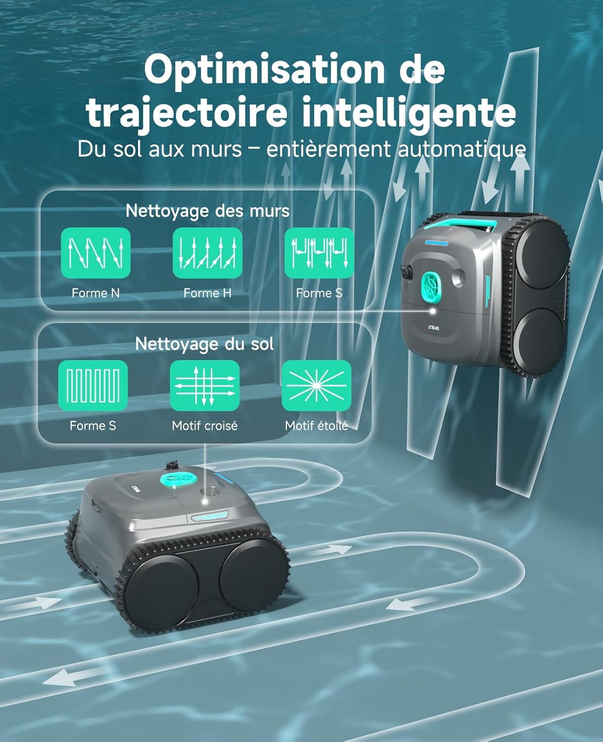 WYBOT C2 Robot Piscine sans Fil, Double Filtration, 3 Moteurs, Aspiration Puissante, Nettoyage Fond et Parois & Ligne d'eau, 180 Min, pour Piscines Enterrées 150㎡, App(Vert Gris foncé-Vert)