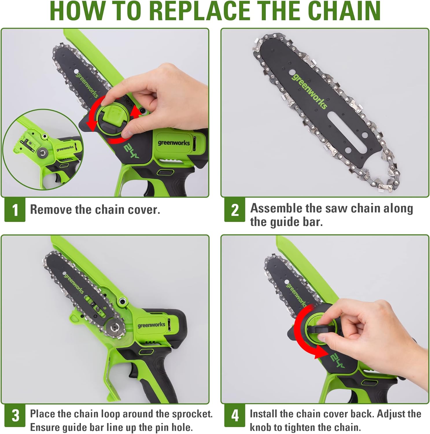 Greenworks 24V Mini Tronçonneuse 10cm Tronçonneuse à batterie sans fil alimentée par batterie et chargeur, vitesse de chaîne de 7,8 m/s, pour branches d'arbres, cour et usage domestique.