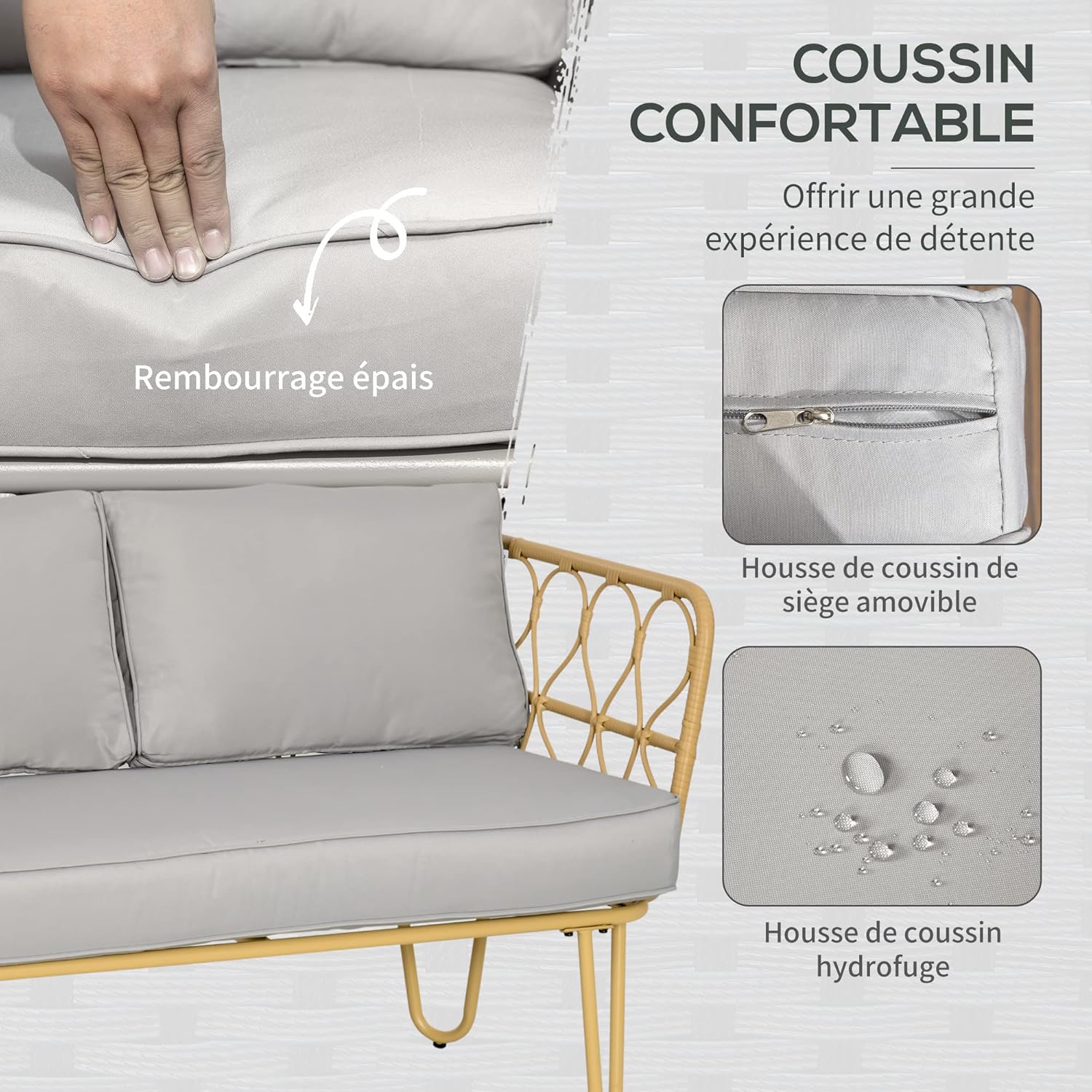 Outsunny - Ensemble salon 4 pièces acier et résine, 2 places, table basse, coussins, gris clair