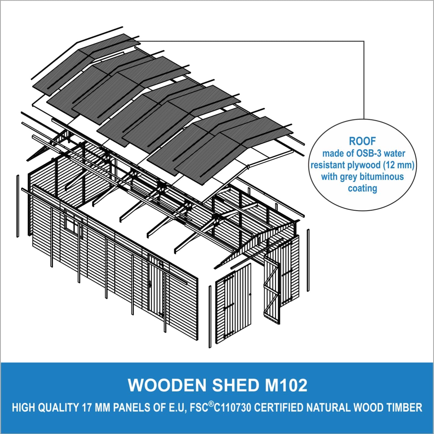 TIMBELA - Garage de jardin bois, 18m², 616x324x222cm, abri, M102