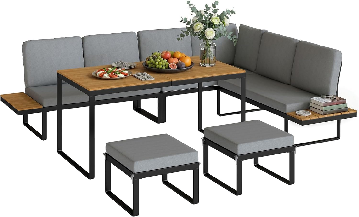 Salon de Jardin Outsunny - 6-8 pers - Ensemble aluminium, table haute, canapé d'angle, table bois composite, gris - OJ-6