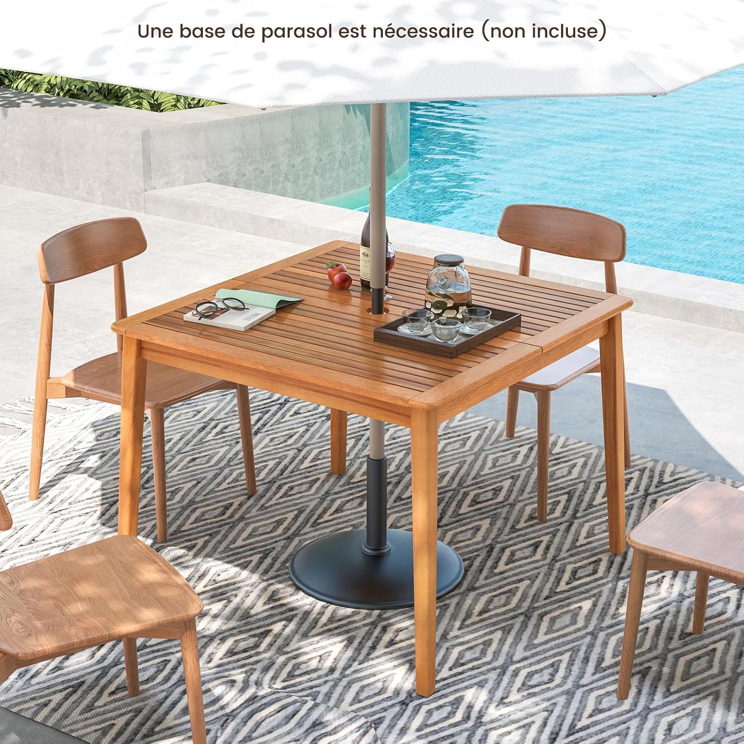 GOPLUS - table de jardin en bois d'acacia 100x100 cm - 4 places, trou pour parasol