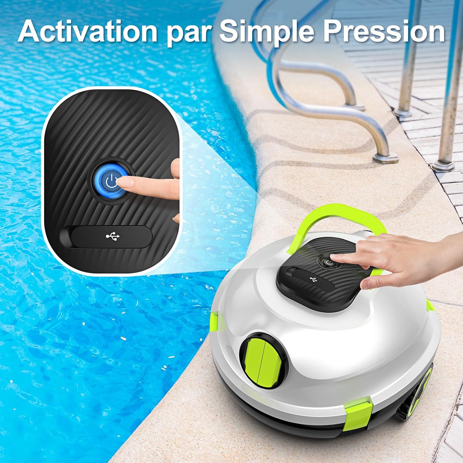 MEDOXA Robot de Piscine sans Fil, aspirateur de Piscine Automatique, 120 Minutes d'autonomie, stationnement Automatique, léger, Puissant Robot pour Piscine Hors-Sol/enterrée jusqu'à 110 ㎡(blancvert)
