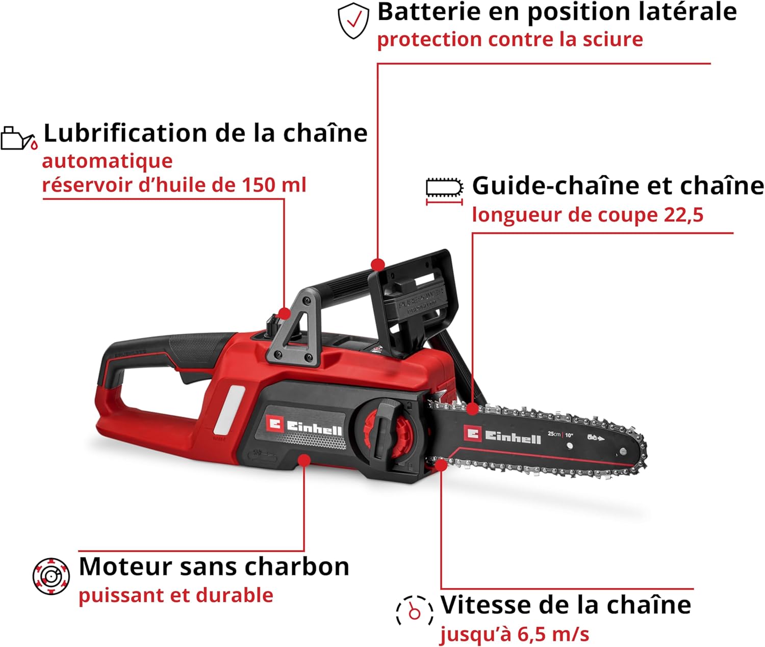 Einhell - GE-LC 18/25 Li BL-Solo - 22,5 cm - tronçonneuse sans fil, moteur Brushless, lubrification auto, 18V, GE-LC 18/