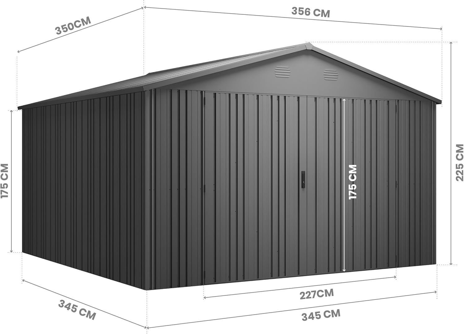 Hoggar - Pioneer abri de jardin métal 356x350x225cm, portes sécurisées, serrure incluse, Y130