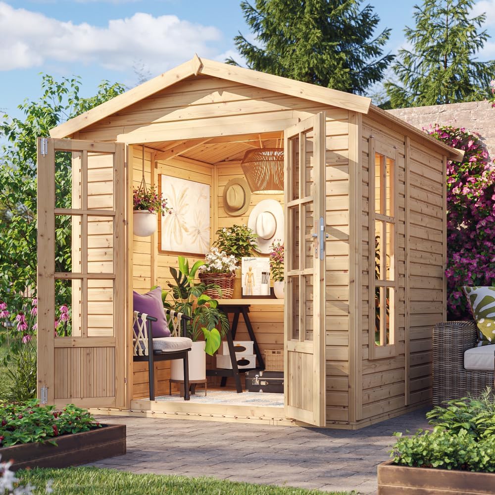 TIMBELA M351FB Cabane en Bois avec Plancher et Bardeaux Bitumineux Marron, L233xP222xH233 cm – Abri Multifonctionnel, Bureau, Atelier, Studio Jardin
