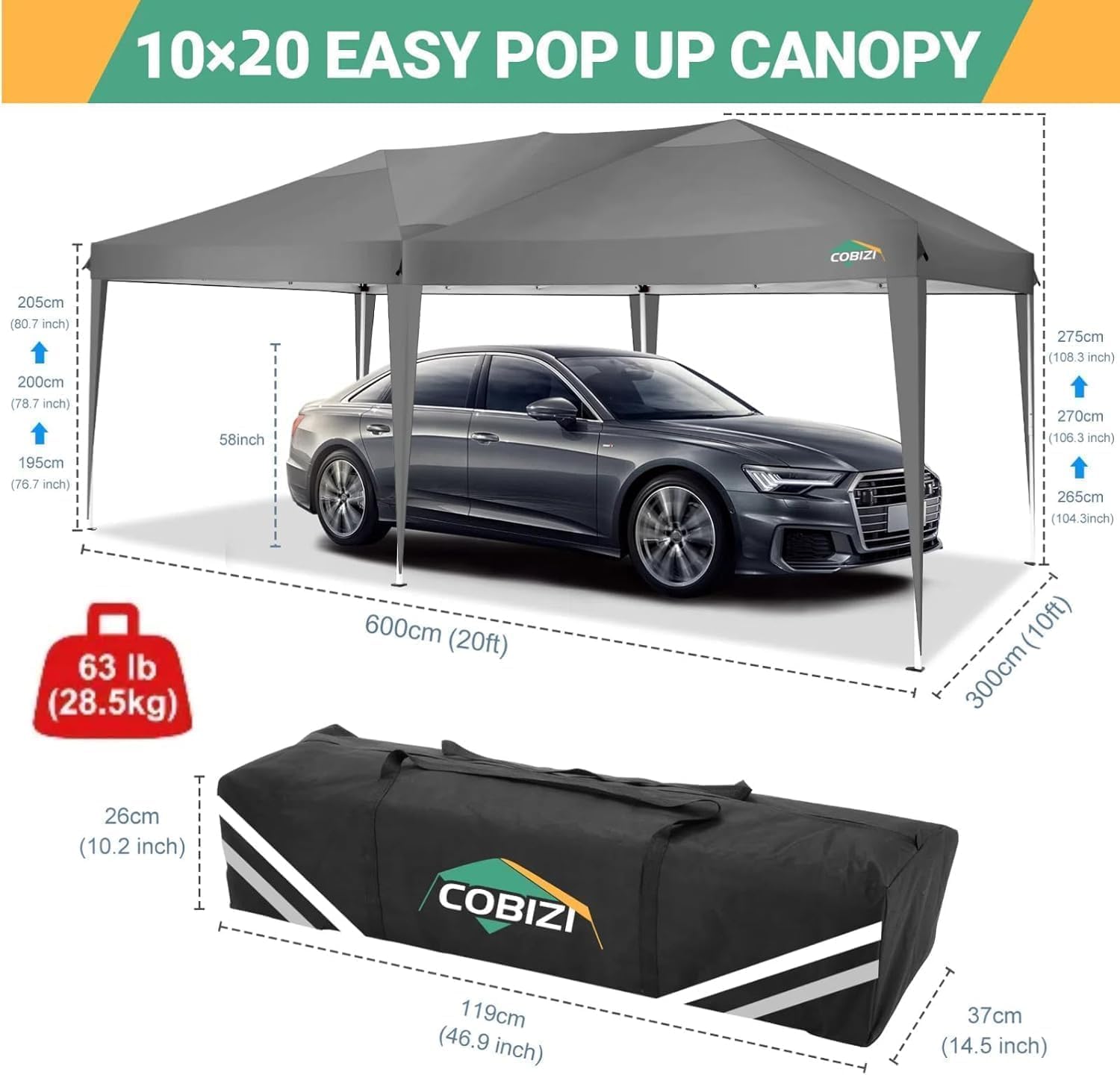 COBIZI - Tonnelle pliante 3x6m - étanche, 6 parois, anti-UV, gris