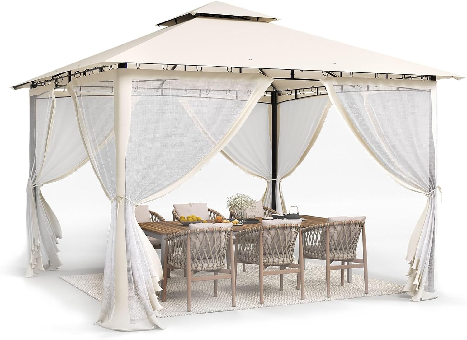 UDPATIO - tonnelle jardin série double toit - 2.8x2.8m - métal, moustiquaire, beige