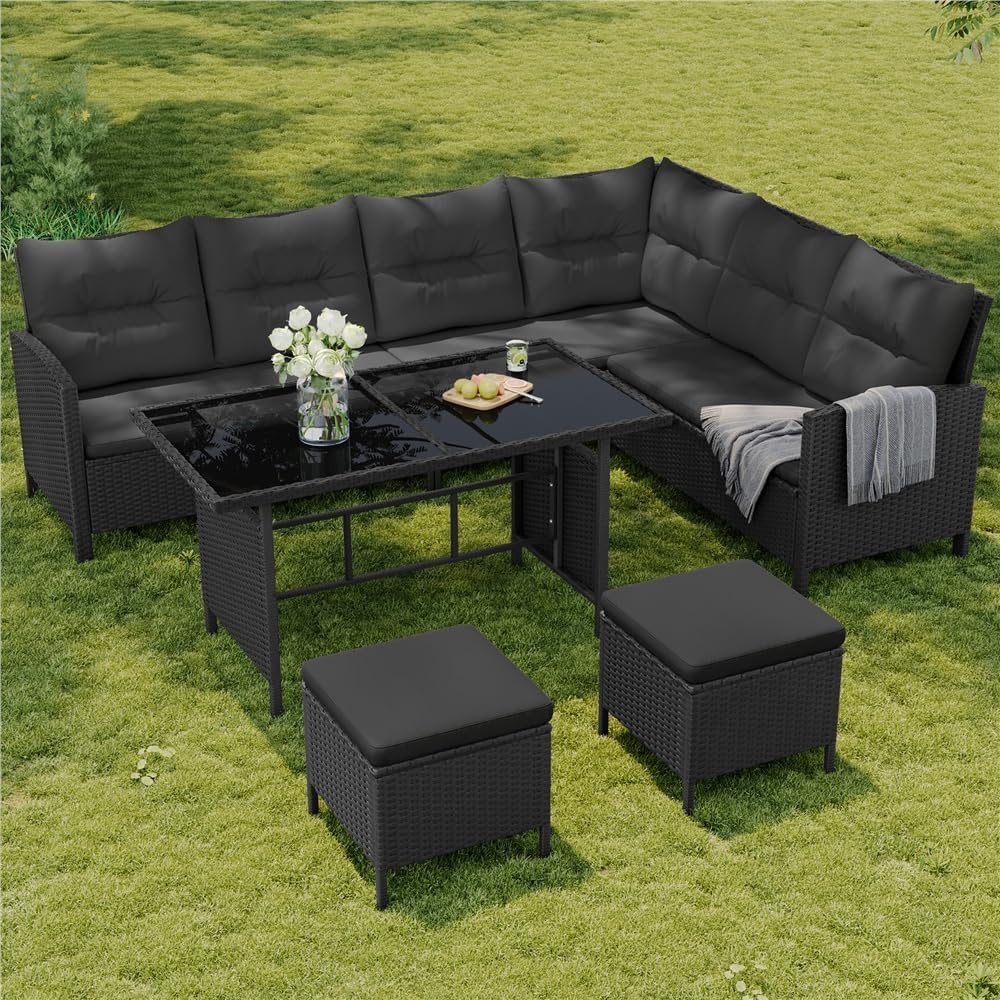 Yaheetech - Salon de jardin 4 pièces - polyrotin, ottomans, table - noir/gris