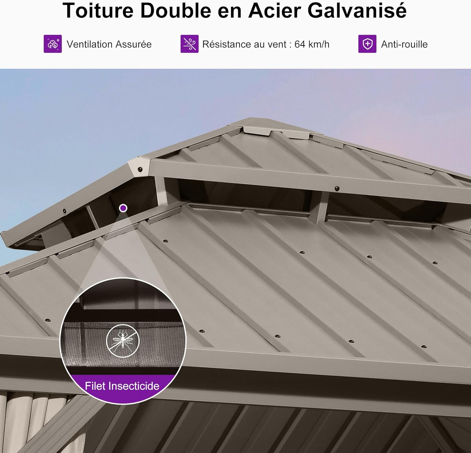 PURPLE LEAF - tonnelle aluminium - 3x3m - double toit, moustiquaire, rideaux