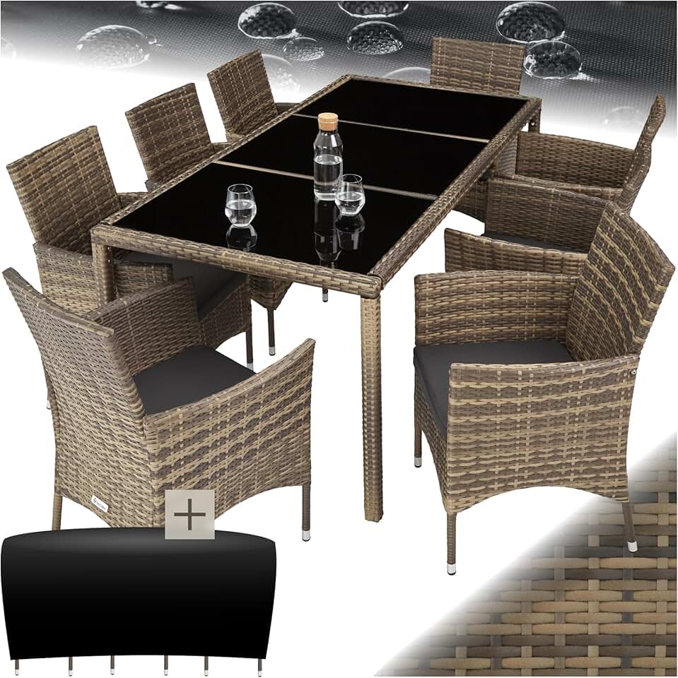 tectake - Salon de jardin rotin, 8 fauteuils, table, housse, confort, marron naturel/gris foncé