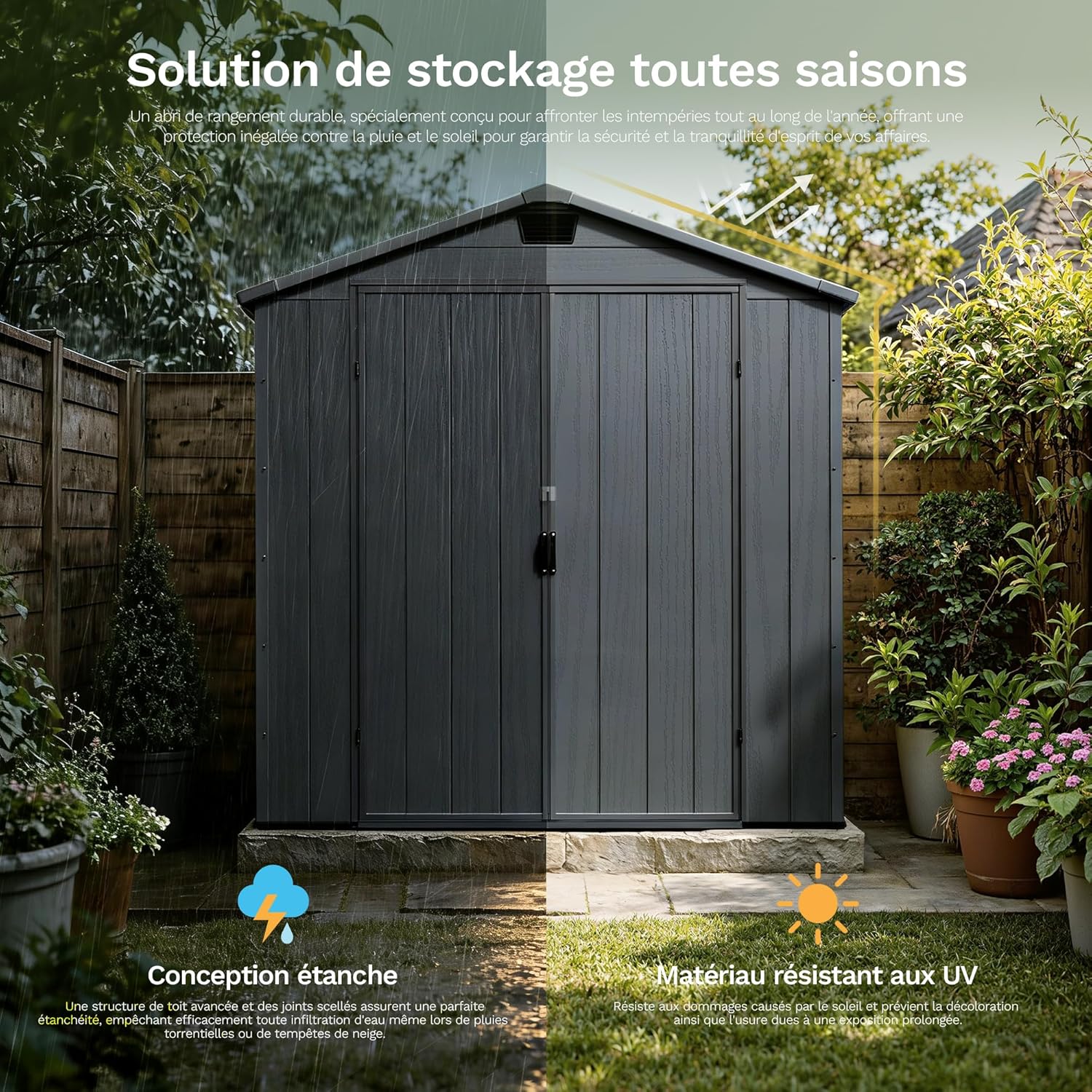 Devoko Abri de jardin extérieur en plastique avec double portes verrouillables et toit en apex – Abri de jardin pour outils de terrasse, abri pour vélo, poubelle – Résistant aux intempéries et à la