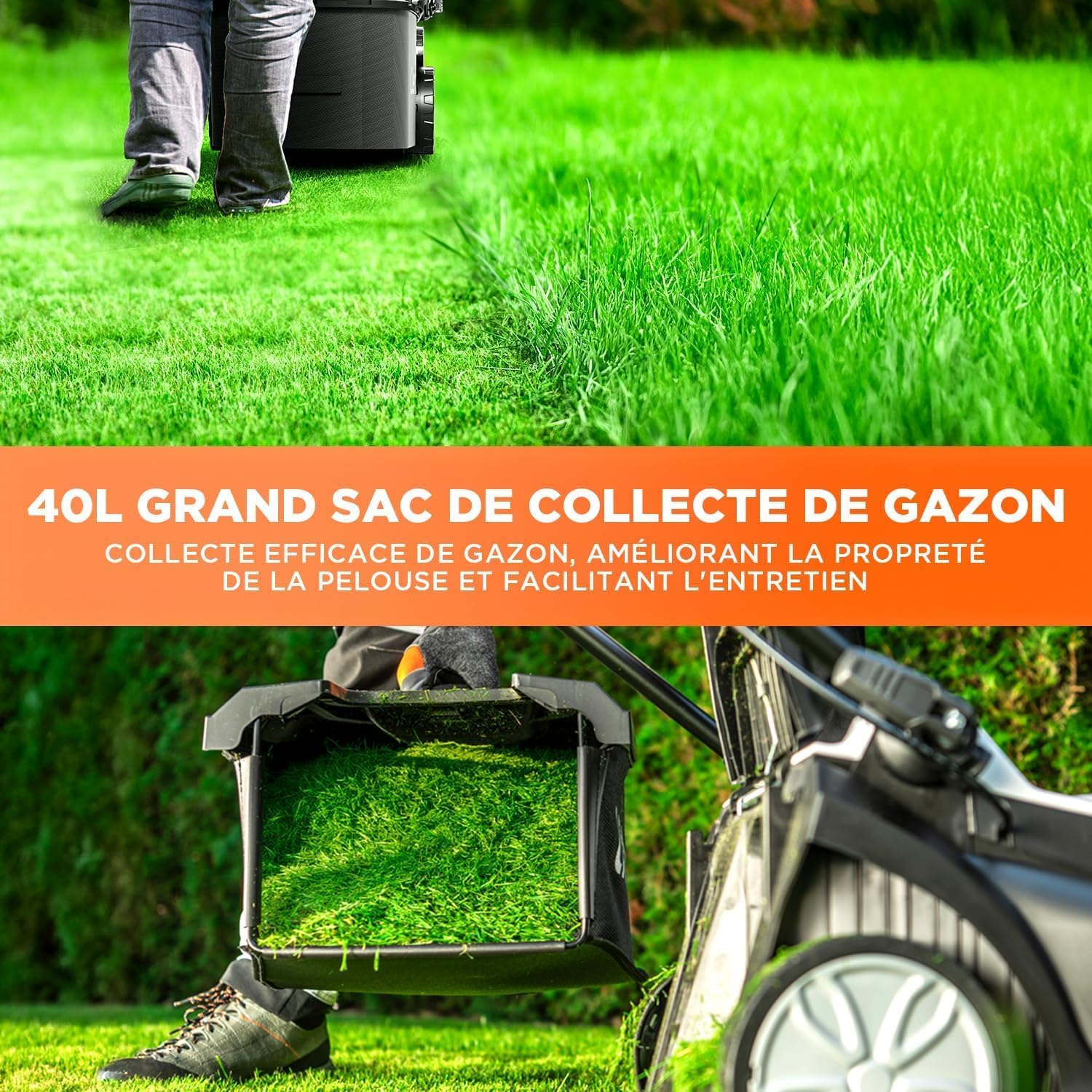 Litheli - Tondeuse Brushless 43cm, 2x20V/4.0Ah, réglable, bac 40L, jusqu'à 500m²