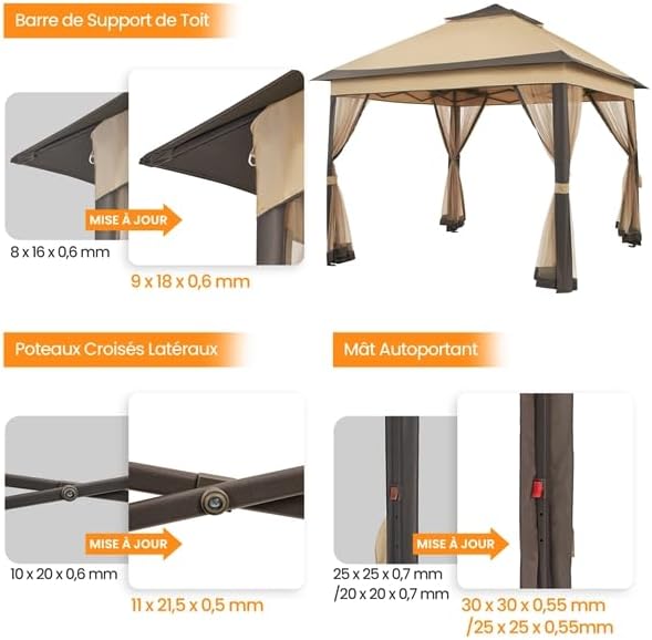 Yaheetech - tonnelle jardin série kaki/brun - 3,3x3,3m - moustiquaires, toile imperméable