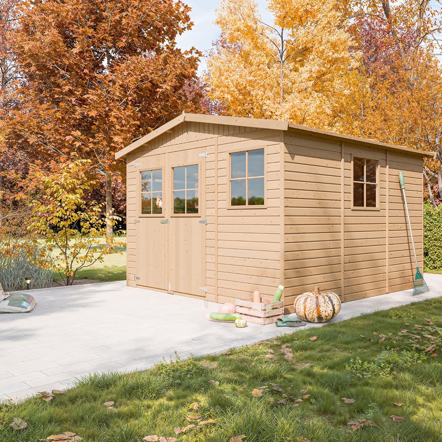 Abri de Jardin en Bois Naturel - Stockage extérieur avec fenêtres- H226x316x324 cm/9 m² Hangar en Bois Naturel - Atelier Rangement Outils et vélos- TIMBELA M335