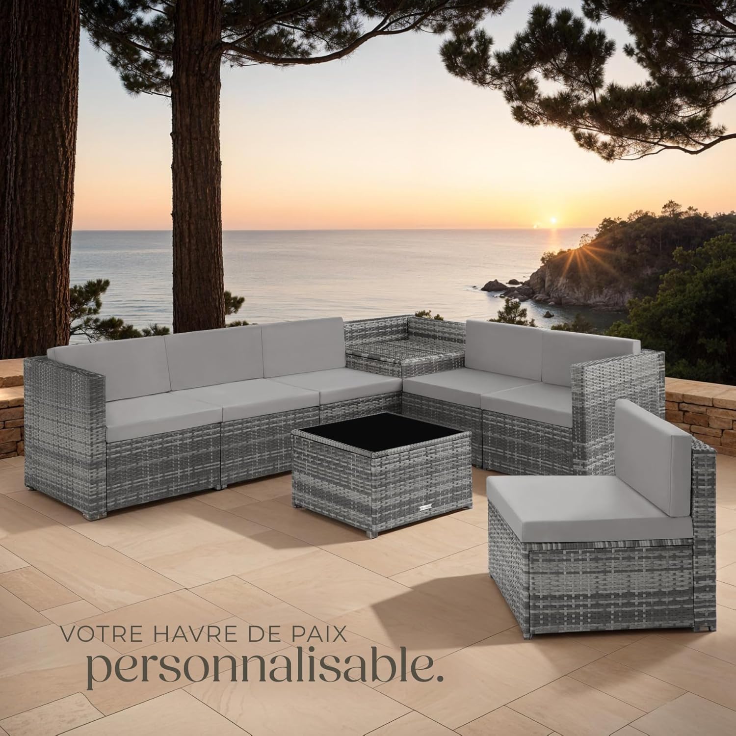 Salon de Jardin TecTake - Rotin 6 places - Résine tressée, modulable, coffres, s'étend sur balcon ou terrasse, gris - EX