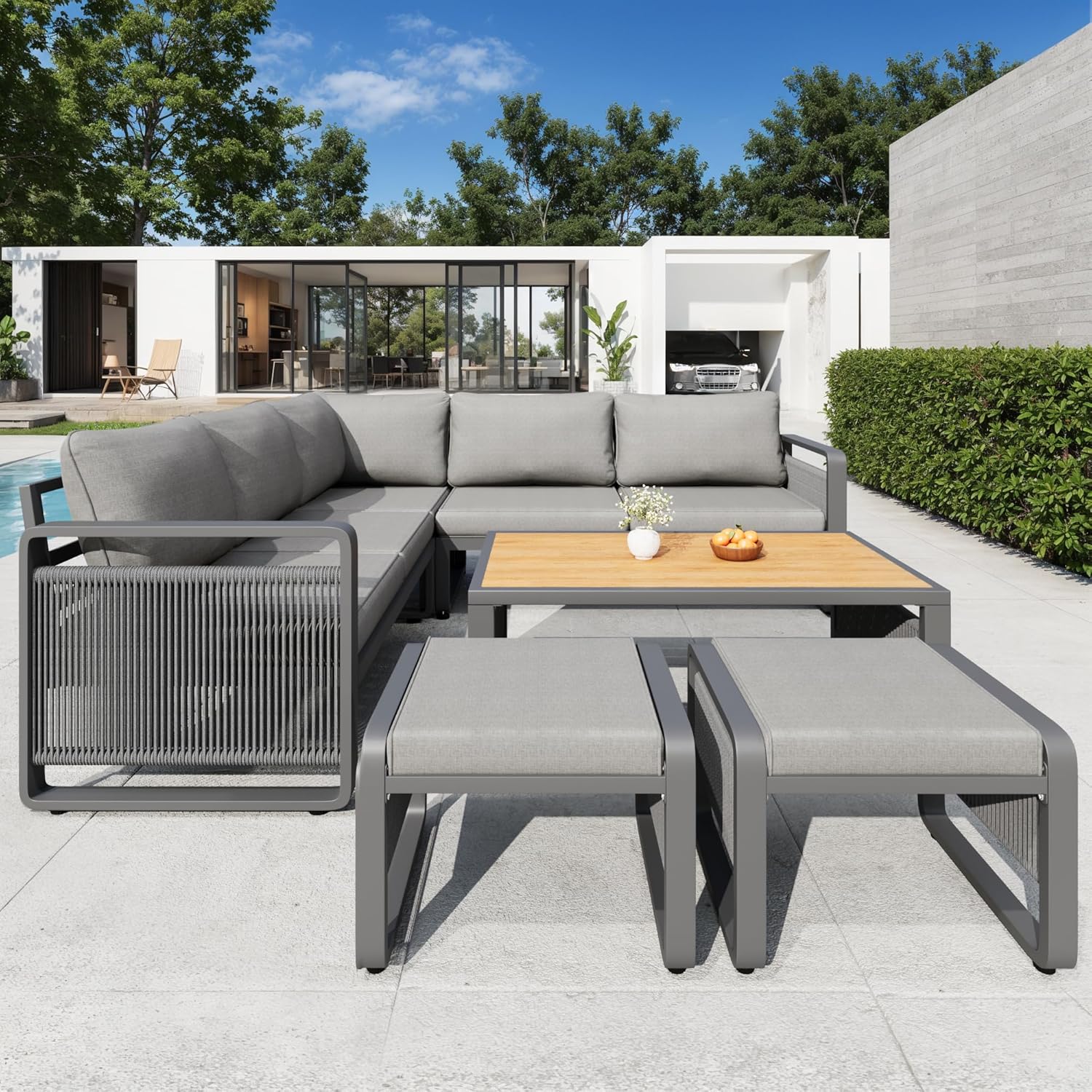 Sapgaks - Ensemble salon jardin corde 6-7 pers, coussins moelleux, pieds réglables, gris